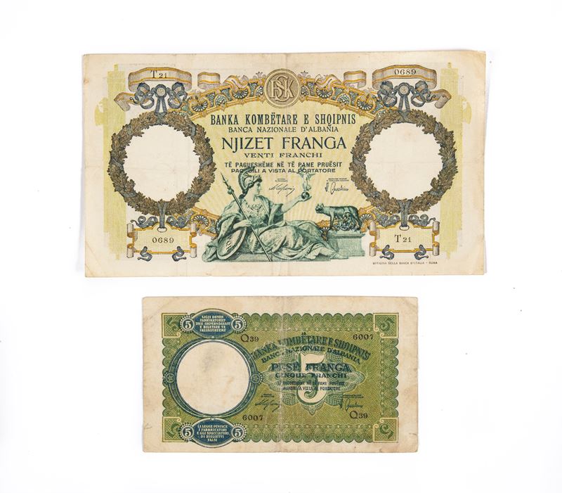 Lotto Cartamoneta Albania: 20 Franchi 1939 Banca Nazionale D'albania Serie T21 0689; 5 Franchi 19...