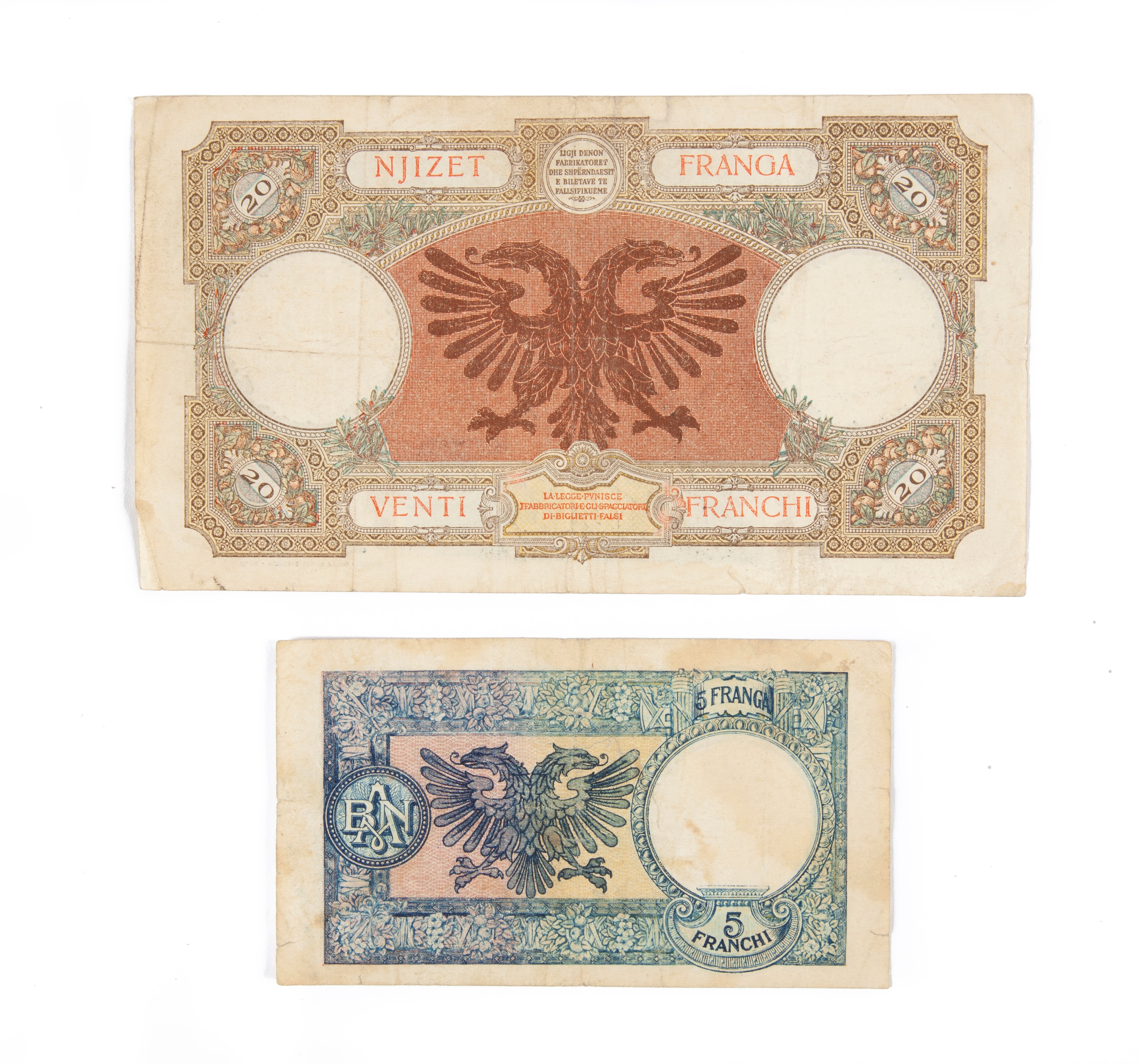 Lotto Cartamoneta Albania: 20 Franchi 1939 Banca Nazionale D'albania Serie T21 0689; 5 Franchi 19...