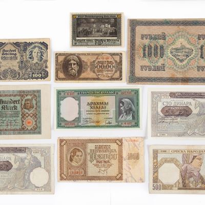 Lotto di Cartamoneta: 2 Esemplari 100 Dinari 1941 Soprastampati Serbia Occupazione Tedesca; 500 D...