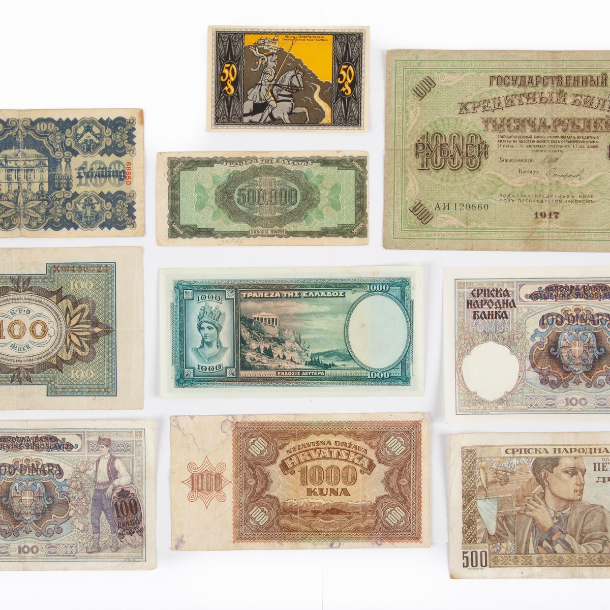 Lotto di Cartamoneta: 2 Esemplari 100 Dinari 1941 Soprastampati Serbia Occupazione Tedesca; 500 D...