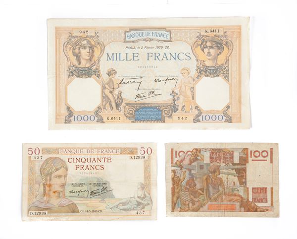 Lotto Cartamoneta Francia: 1.000 Franchi Cerere e Mercurio 02/02/1939 De Bletterie, Rousseau, R.Favre-Gilly Serie K.6411 942; 50 Franchi Cerere e Mercurio 14/03/1940 Serie D.12938 437; 100 Franchi Giovane contadino 05/02/1953 Serie Y.536 65428