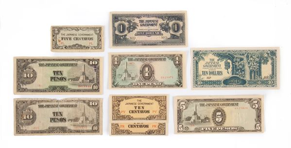 Lotto Banconote: 2 esemplari 10 Centavos, 1 Peso, 5 Pesos, 10 Pesos Filippine Occupazione Giapponese; 1 Dollaro, 10 Dollari Malesia Britannica (Malaya) Occupazione Giapponese 1942-44 2a Guerra Mondiale