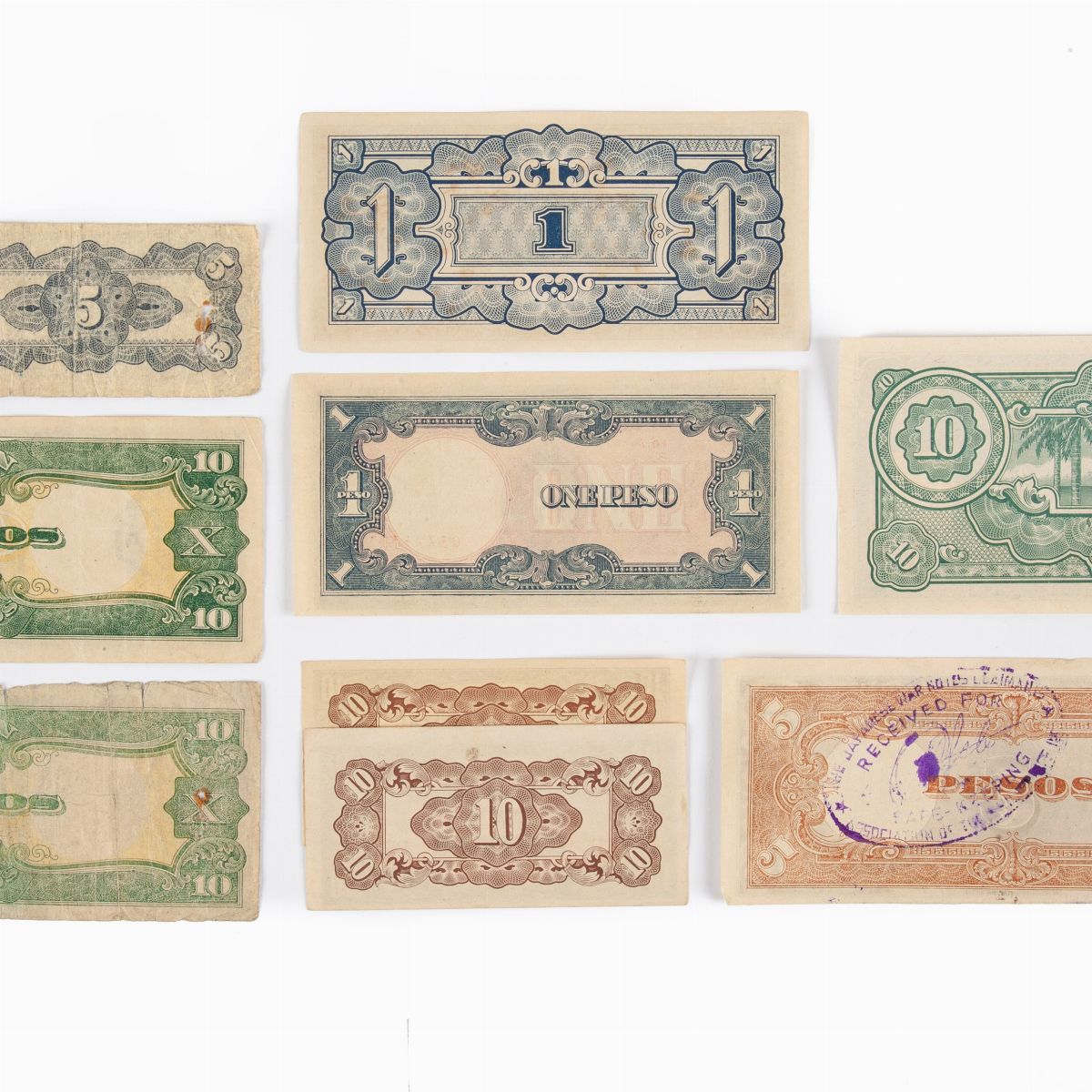 Lotto Banconote: 2 Esemplari 10 Centavos, 1 Peso, 5 Pesos, 10 Pesos Filippine Occupazione Giappon...