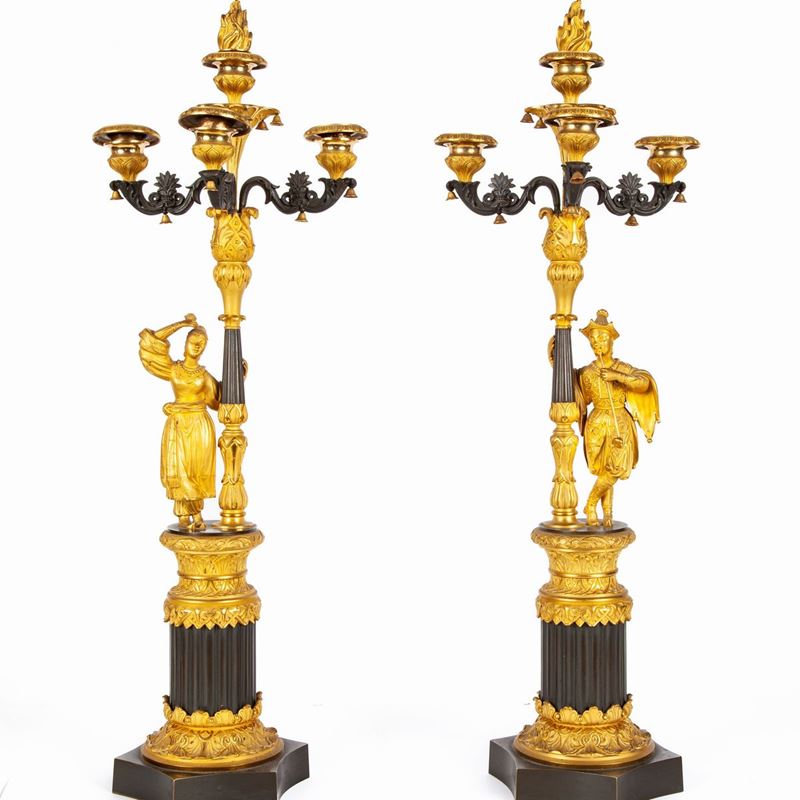 Coppia di Candelabri in Bronzo Dorato e Brunito D'epoca Impero a Quattro Luci