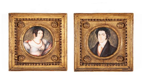 Pittore del XIX secolo - Coppia di ritratti in miniatura .