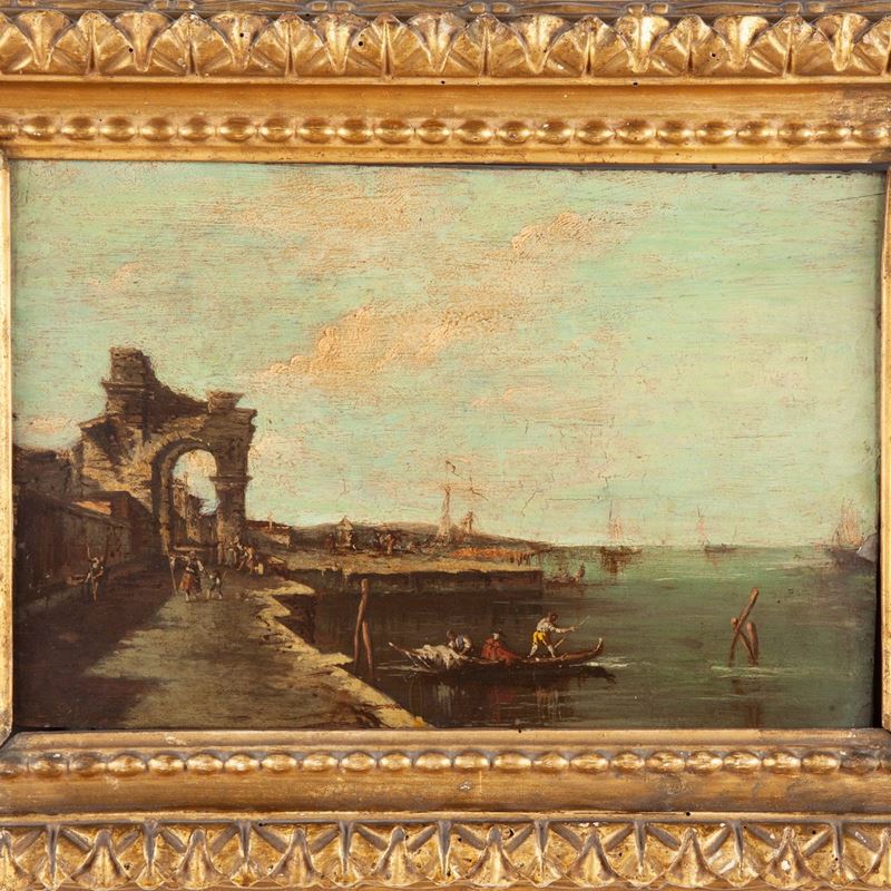 Francesco Guardi (scuola Di) - Laguna con Gondole e Capriccio Architettonico