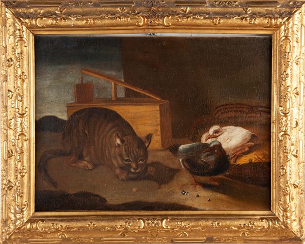 Pittore lombardo del XVIII secolo - Gatto e colombi