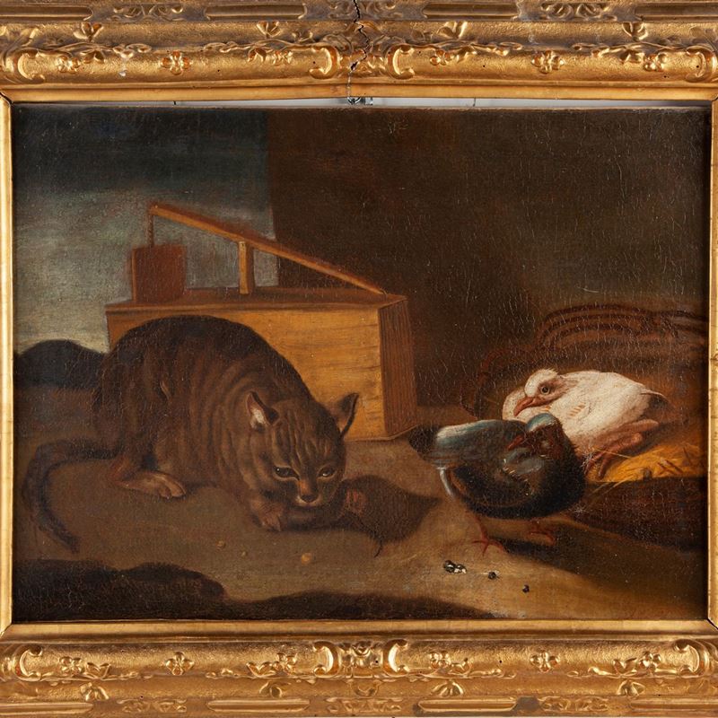 Pittore Lombardo del XVIII Secolo - Gatto e Colombi