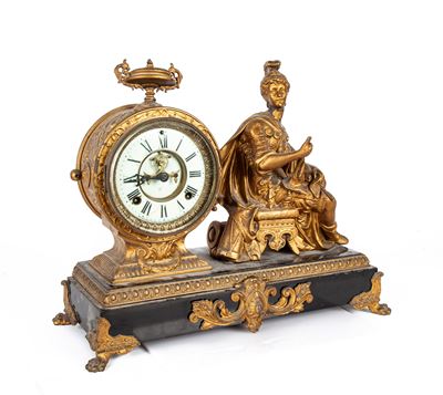 Orologio da Camino in Metallo Dorato, Ansonia Clock Company, Stati Uniti D'america, Seconda Metà ...