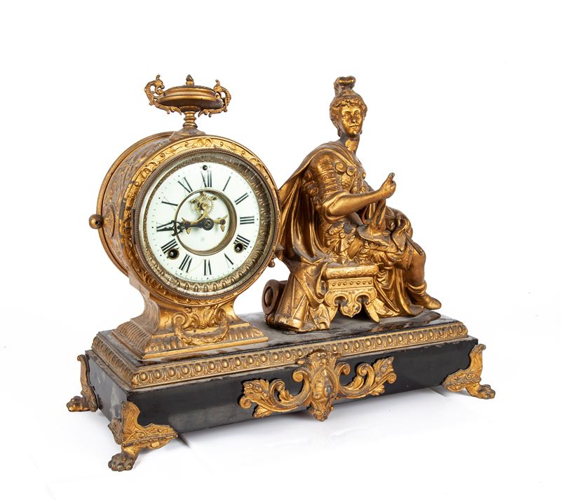 Orologio da Camino in Metallo Dorato, Ansonia Clock Company, Stati Uniti D'america, Seconda Metà ...