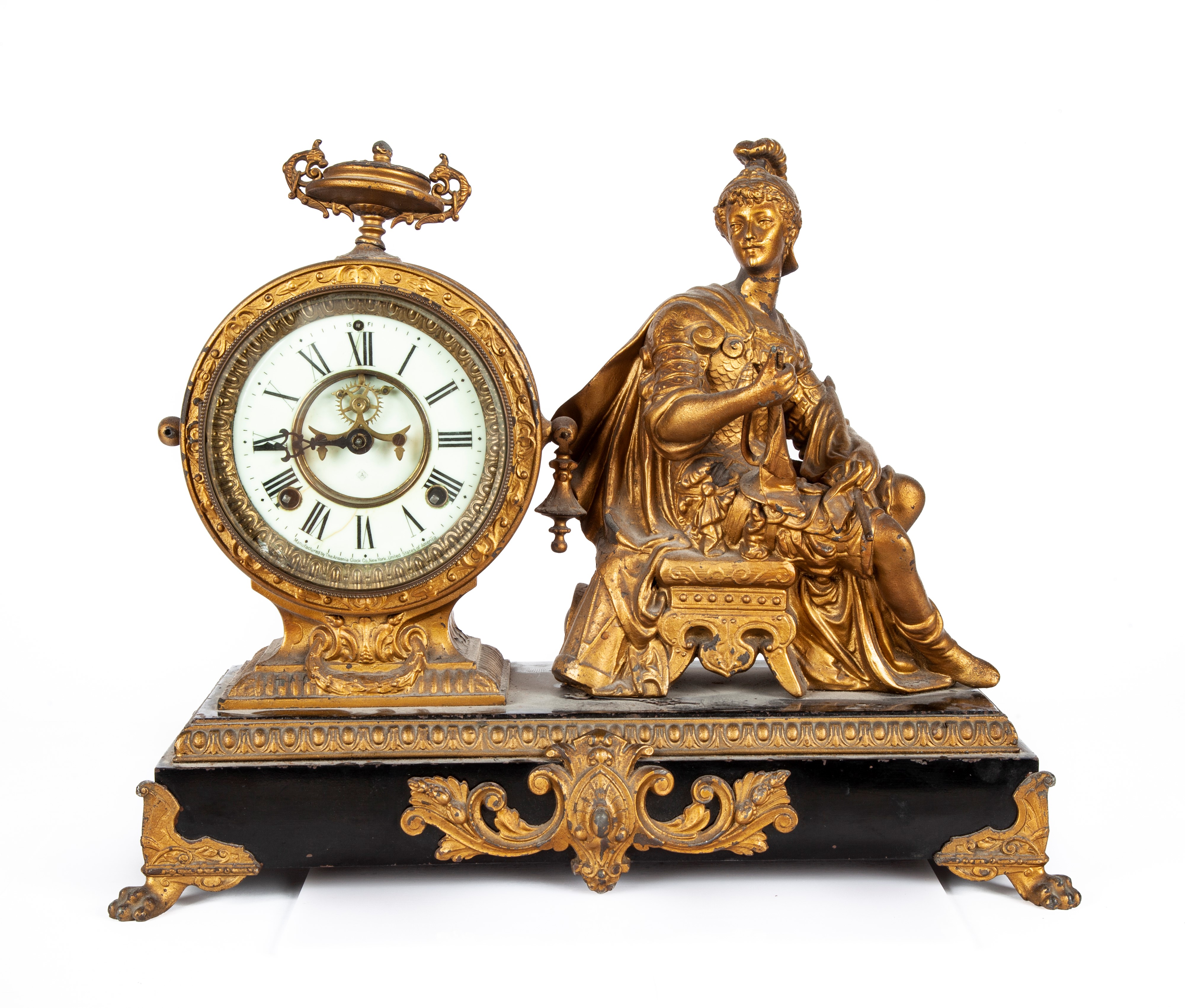 Orologio da Camino in Metallo Dorato, Ansonia Clock Company, Stati Uniti D'america, Seconda Metà ...