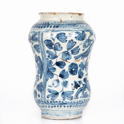 Antico Albarello in Maiolica Bianca e Blu