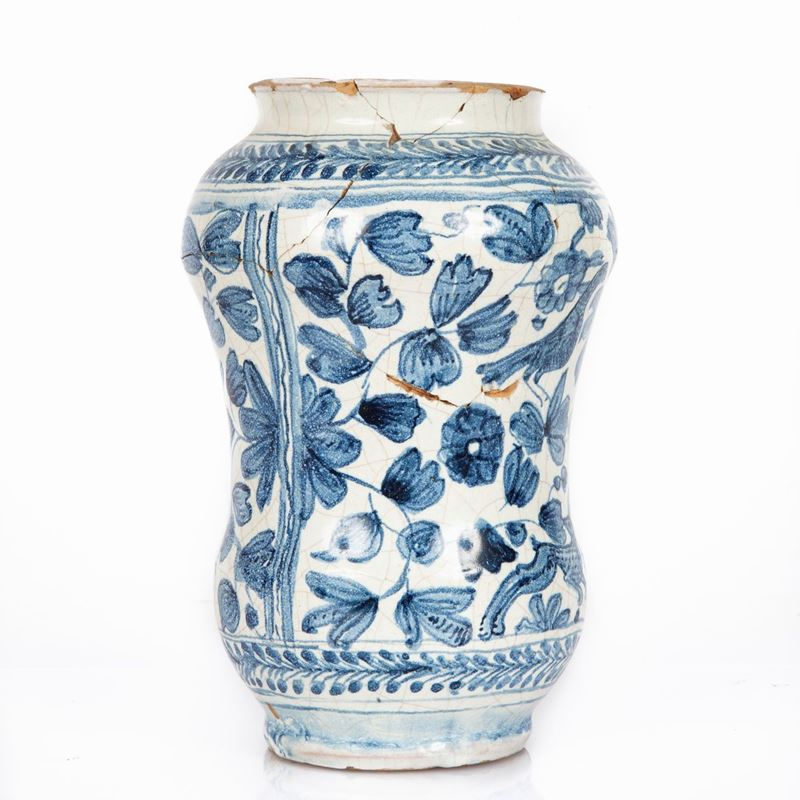 Antico Albarello in Maiolica Bianca e Blu