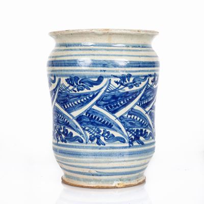 Antico Albarello in Maiolica Bianca e Blu