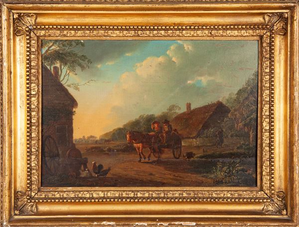 Pittore del XIX secolo - Paesaggio con calesse
