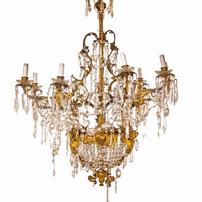 Lampadario in Bronzo Dorato con Pendenti in Cristallo Incolore
