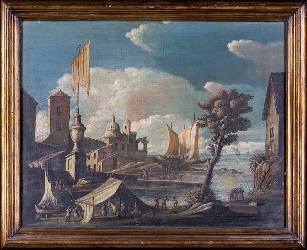 Pittore del XVIII secolo - Capriccio con figure e velieri