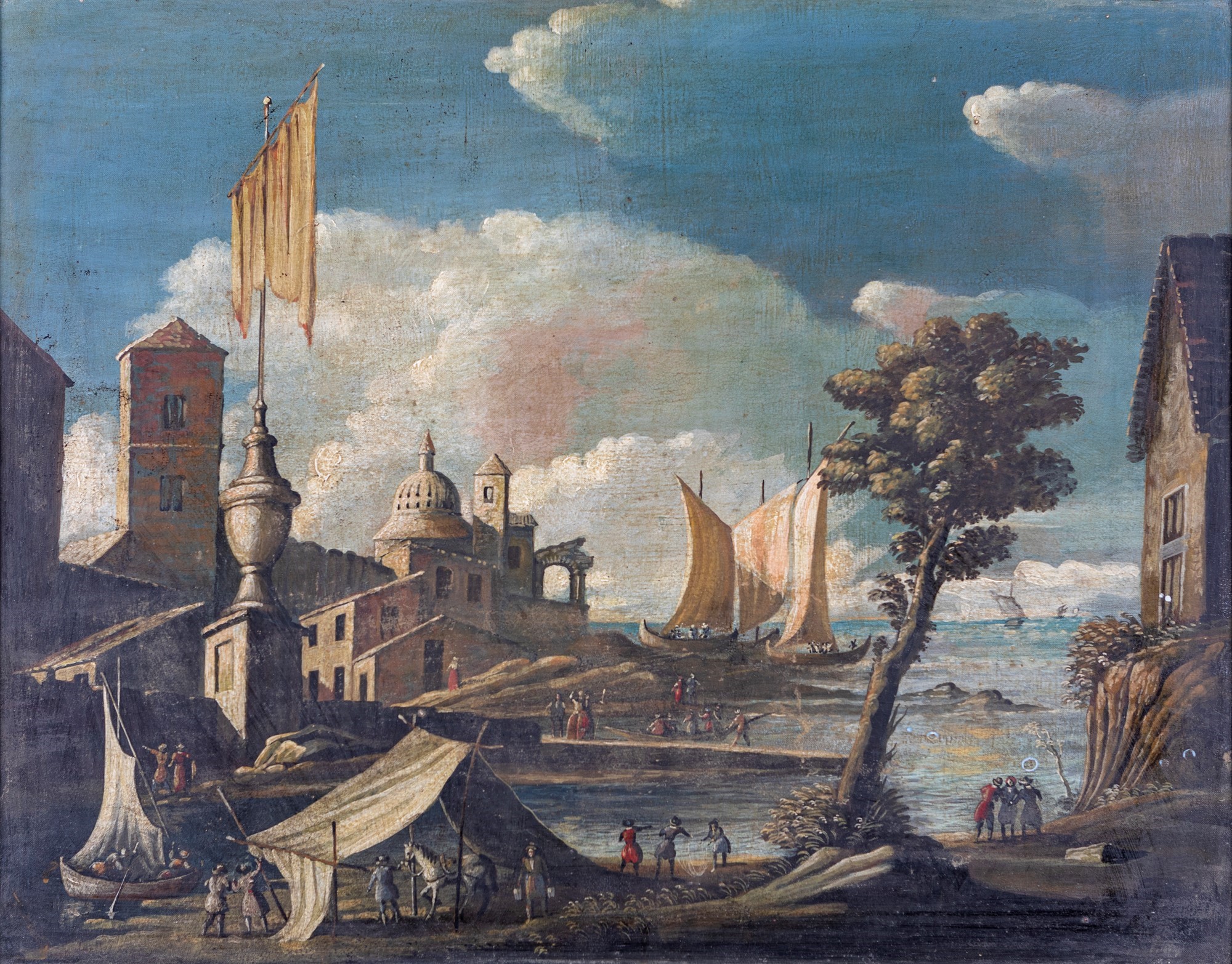 Pittore del XVIII Secolo - Capriccio con Figure e Velieri