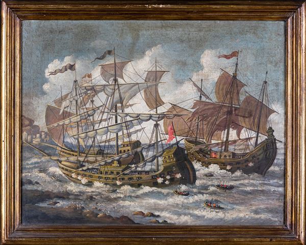 Pittore del XVIII secolo - Marina con battaglia navale