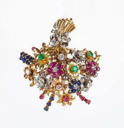 Spilla Mazzo di Fiori in Oro, Zaffiri, Rubini, Smeraldi e Brillanti