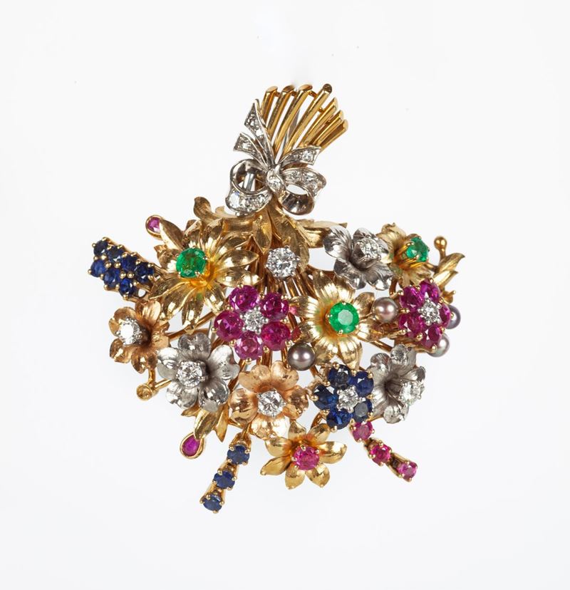 Spilla Mazzo di Fiori in Oro, Zaffiri, Rubini, Smeraldi e Brillanti