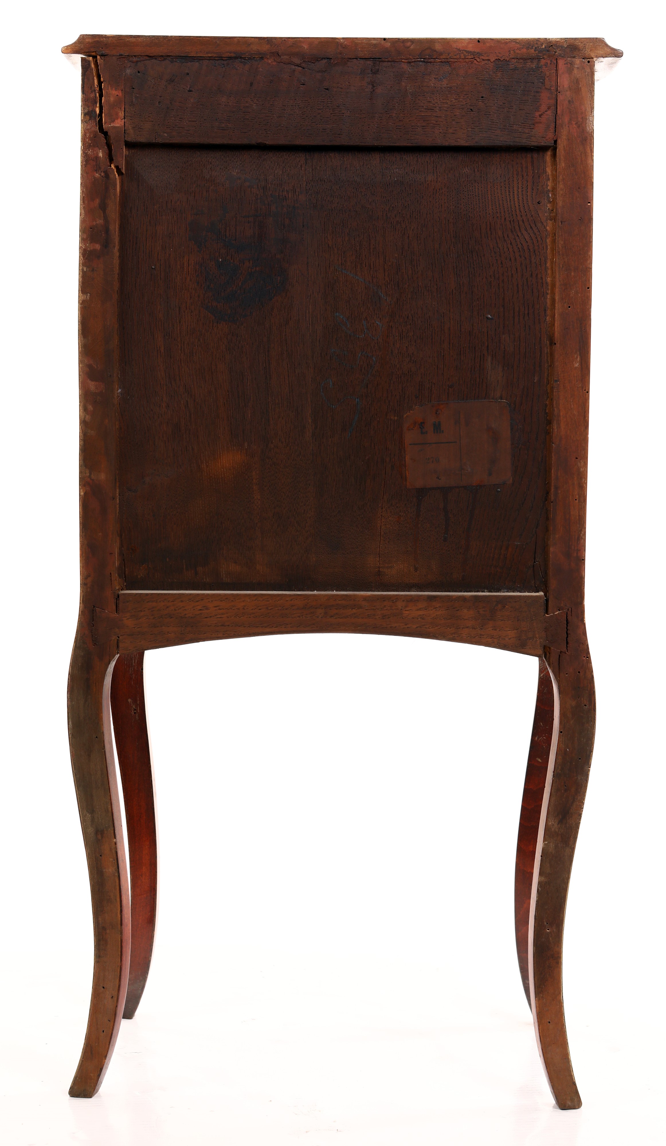 Piccolo mobile in legno con intarsi in rame e madreperla, inizi del Novecento