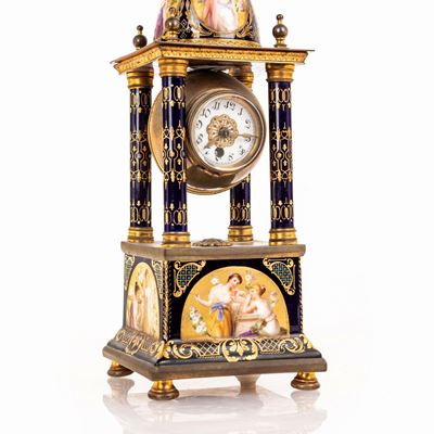 Pendola a Portico in Bronzo e Porcellana Blu e Oro, Vienna, Fine XIX/inizi XX Secolo