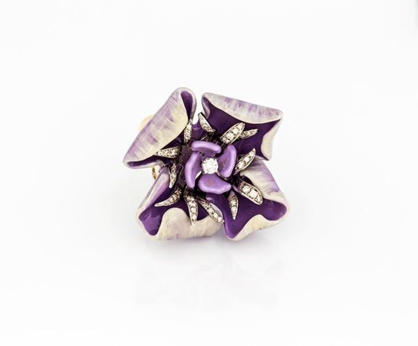 ANELLO IN ORO BIANCO CON GRANDE FIORE IN SMALTO