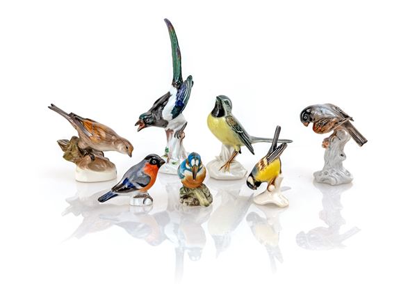 Sette figure di uccelli diversi in porcellana policroma, manifattura tedesca e francese