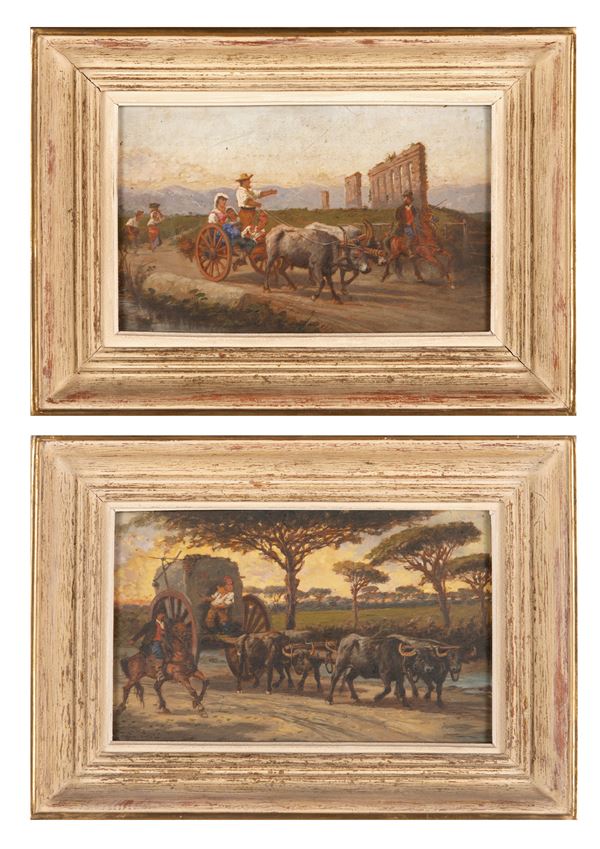Pittore del XIX secolo - Campagna romana con carro con buoi