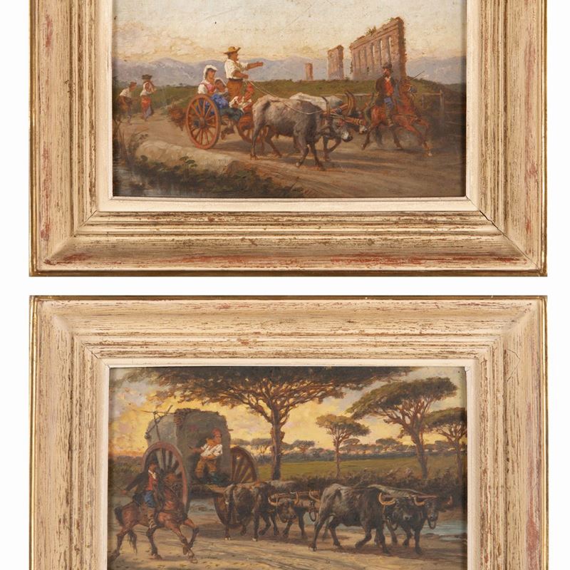 Pittore del XIX Secolo - Campagna Romana con Carro con Buoi