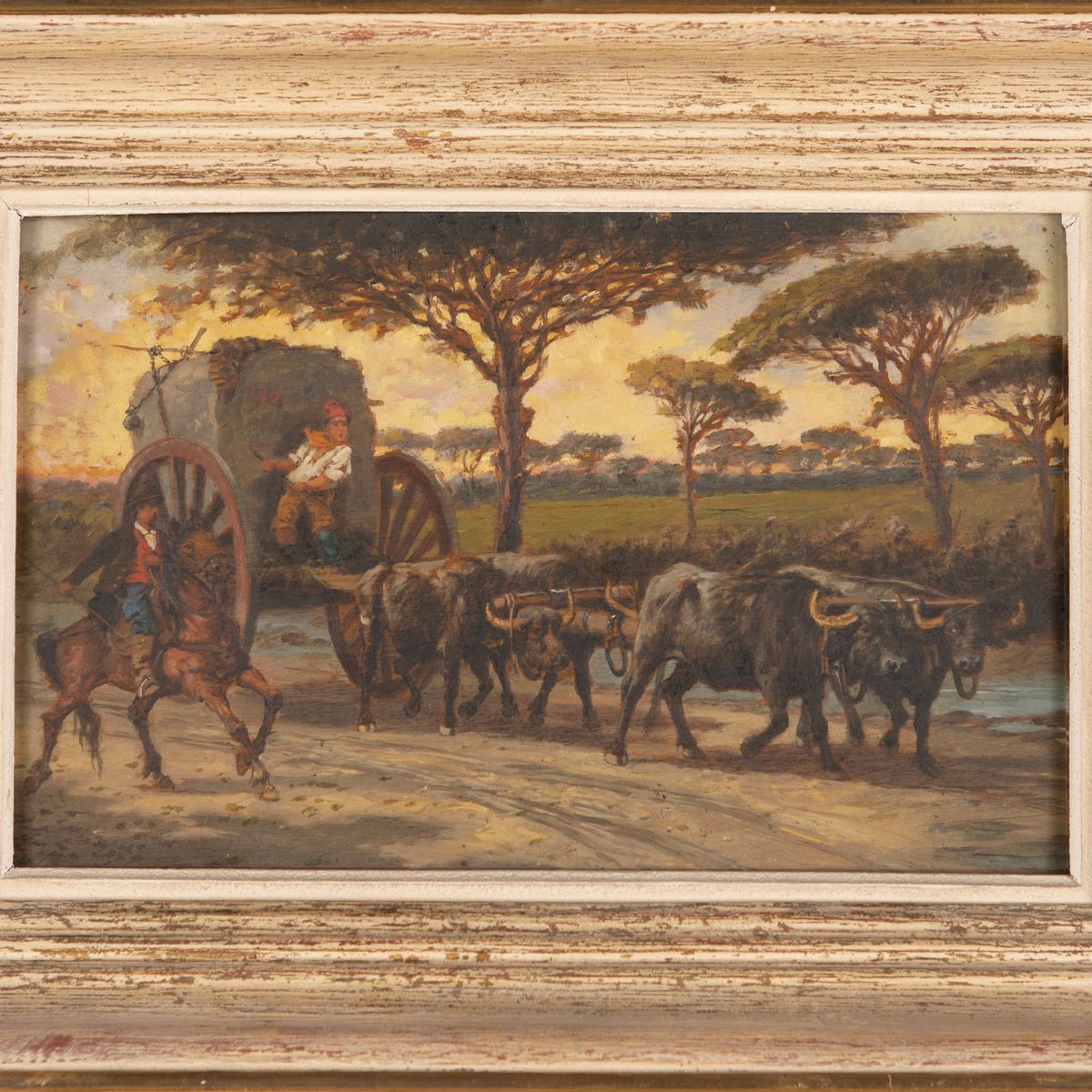 Pittore del XIX Secolo - Campagna Romana con Carro con Buoi