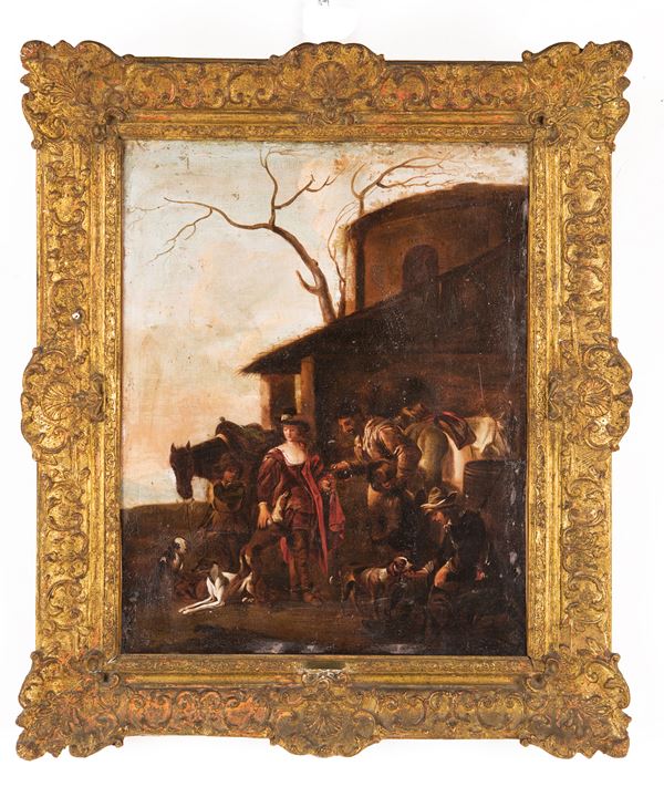 Pittore fiammingo del XVII secolo - Sosta di viandanti