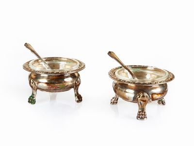 Coppia di Saliere in Argento 800/000, Venezia, XX Secolo, con Cucchiaini