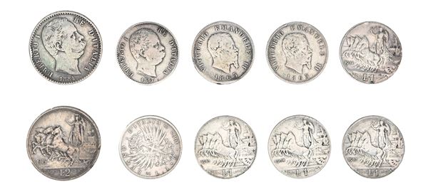 Lotto 10 monete Regno d'Italia: 1 Lira 1863 Torino; 1 Lira 1863 Milano Vittorio Emanuele II; 2 Lire Roma 1884; 1 Lira Milano 1887 Umberto I; 2 Lire 1916; 1 Lira 1907; 1 Lira 1908, 1 Lira 1912; 1 Lira 1913 (2 esemplari) Vittorio Emanuele III