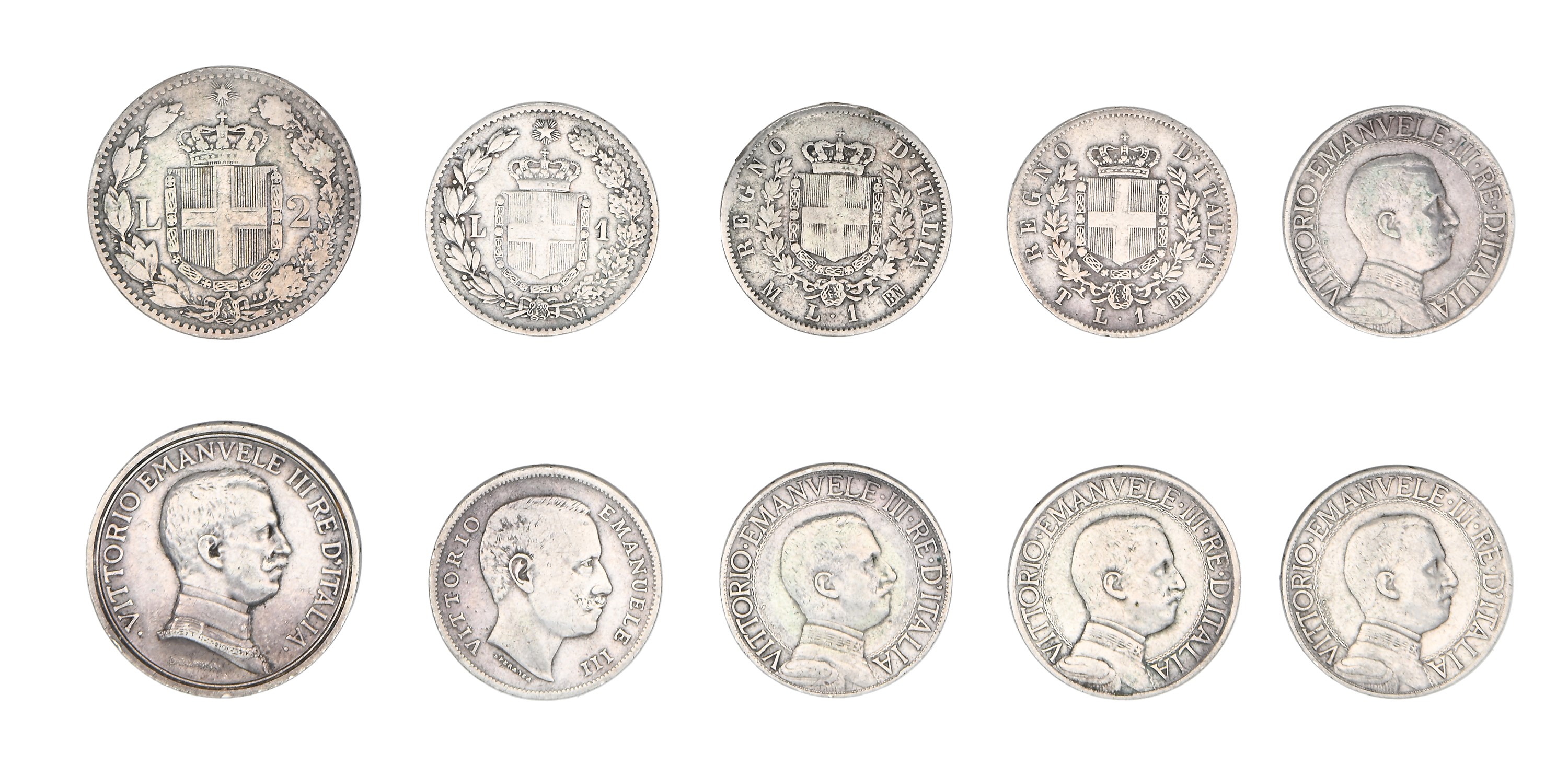 Lotto 10 Monete Regno D'italia: 1 Lira 1863 Torino; 1 Lira 1863 Milano Vittorio Emanuele II; 2 Li...