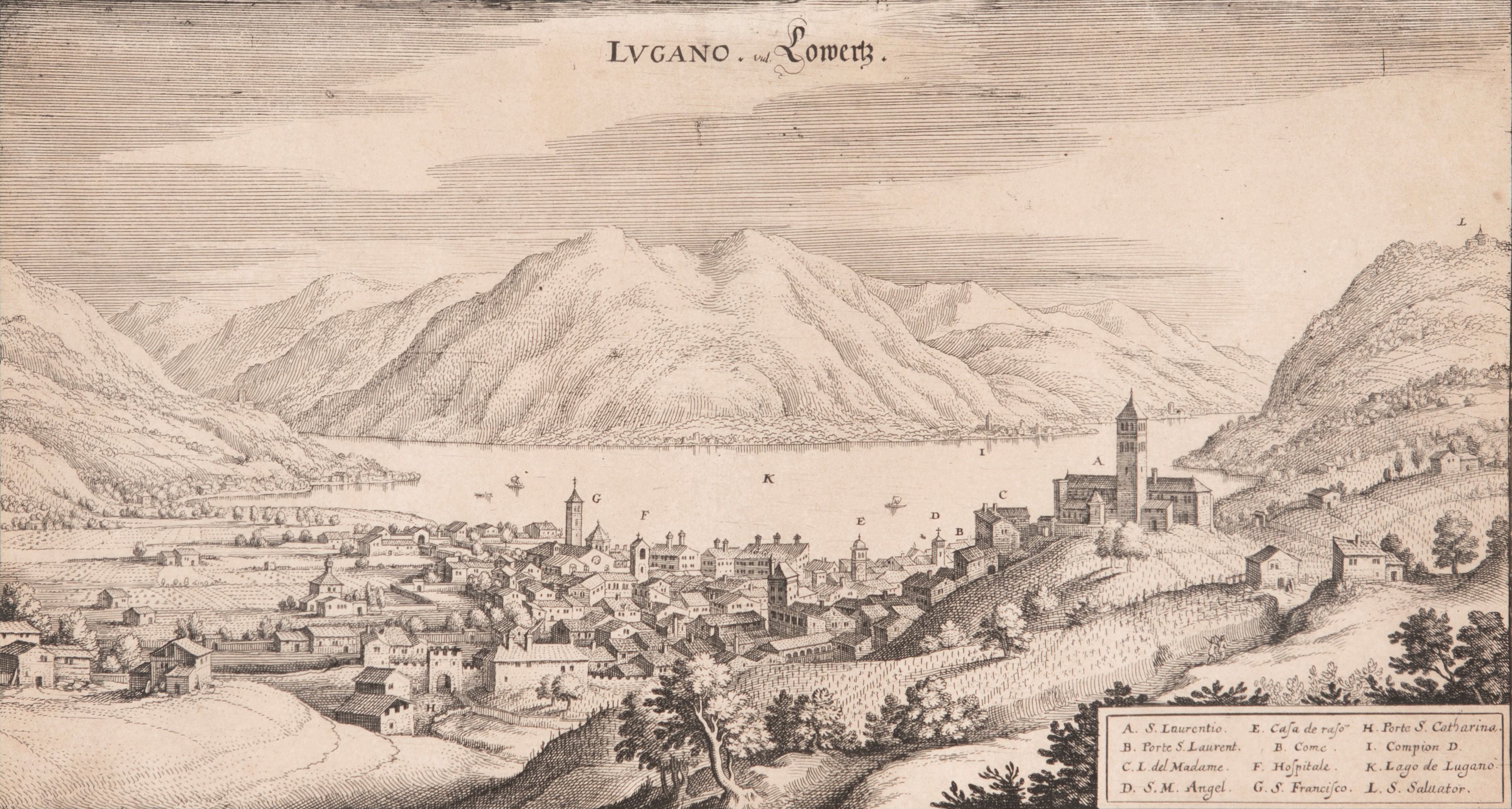 Matthaeus Merian il Vecchio - Veduta di Lugano da Settentrione (LUGANO. vul. Lowertz)