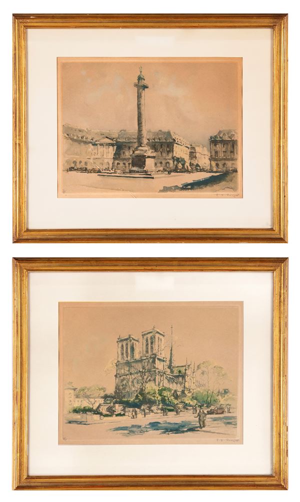 Pittore del XX secolo - a) Place Vendôme  b) Lungosenna con i librai e Notre Dame 
