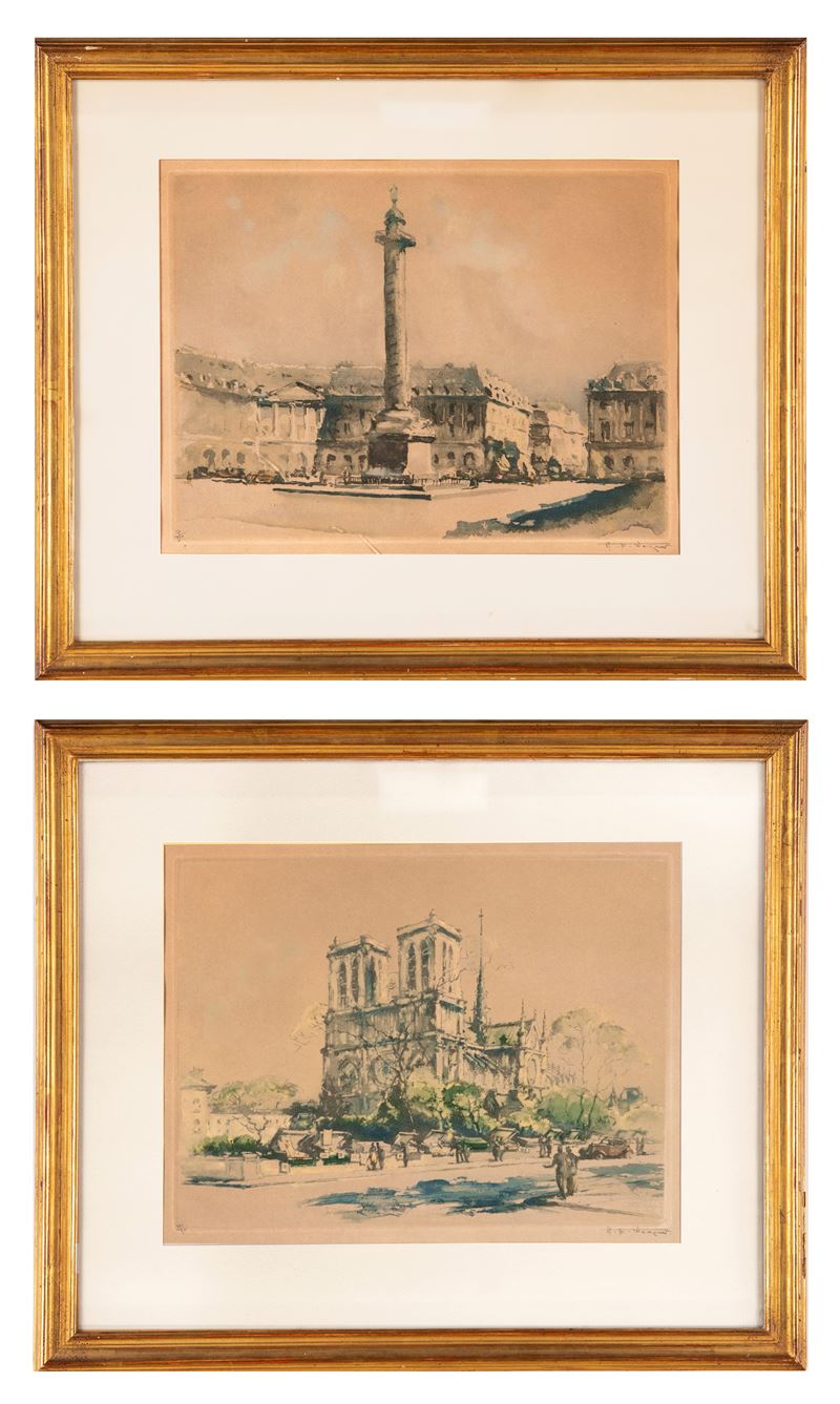 Pittore del XX Secolo - A) Place Vendôme B) Lungosenna con i Librai e Notre Dame