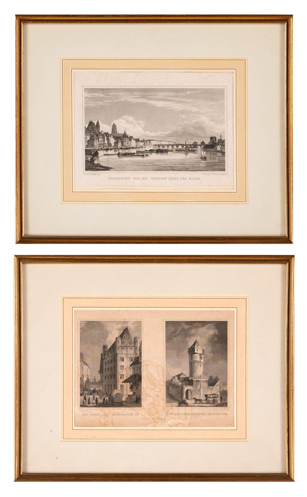 a) Veduta di Francoforte dal fiume Meno  b) Due vedute di edifici di Francoforte