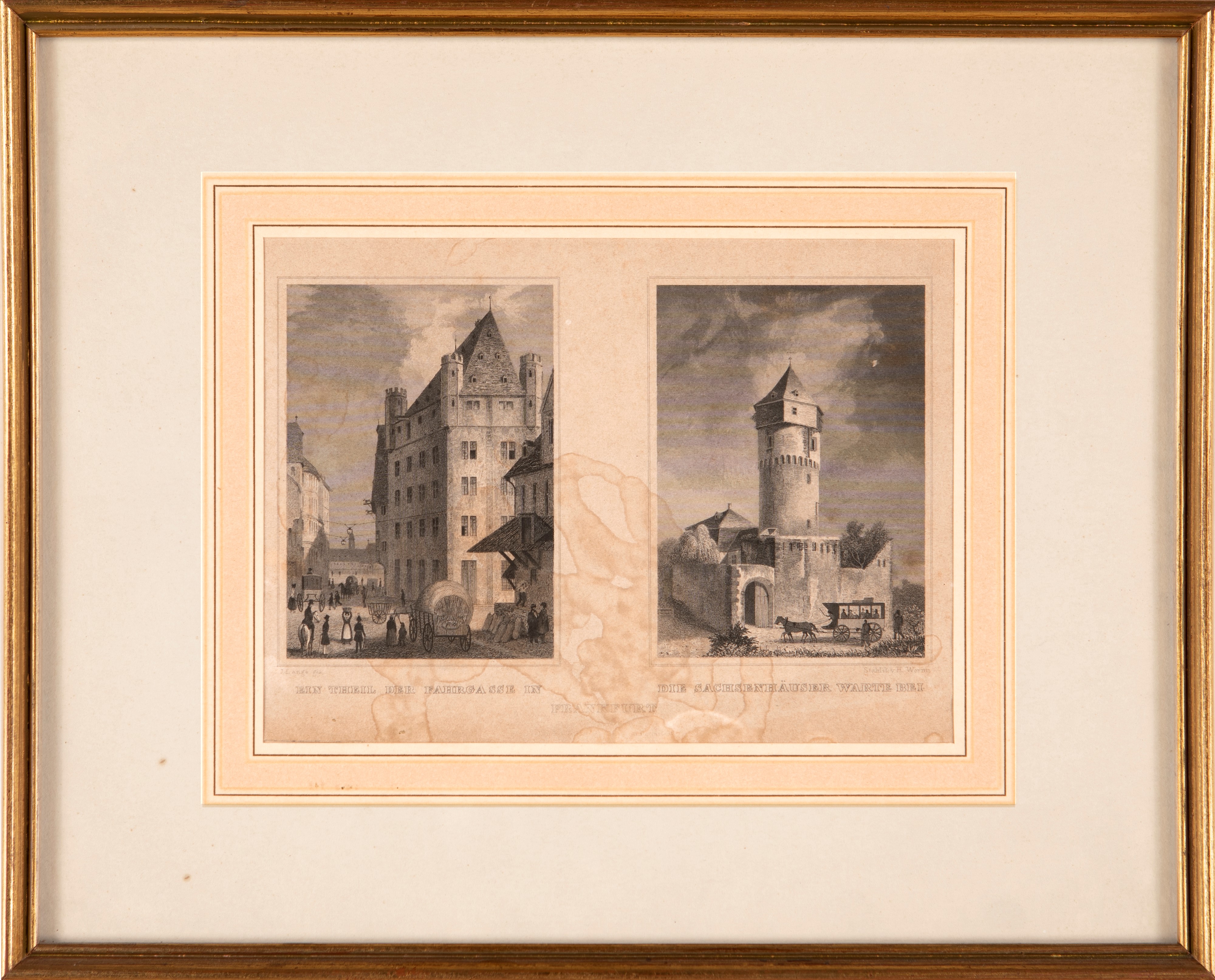 a) Veduta di Francoforte dal fiume Meno b) Due vedute di edifici di Francoforte