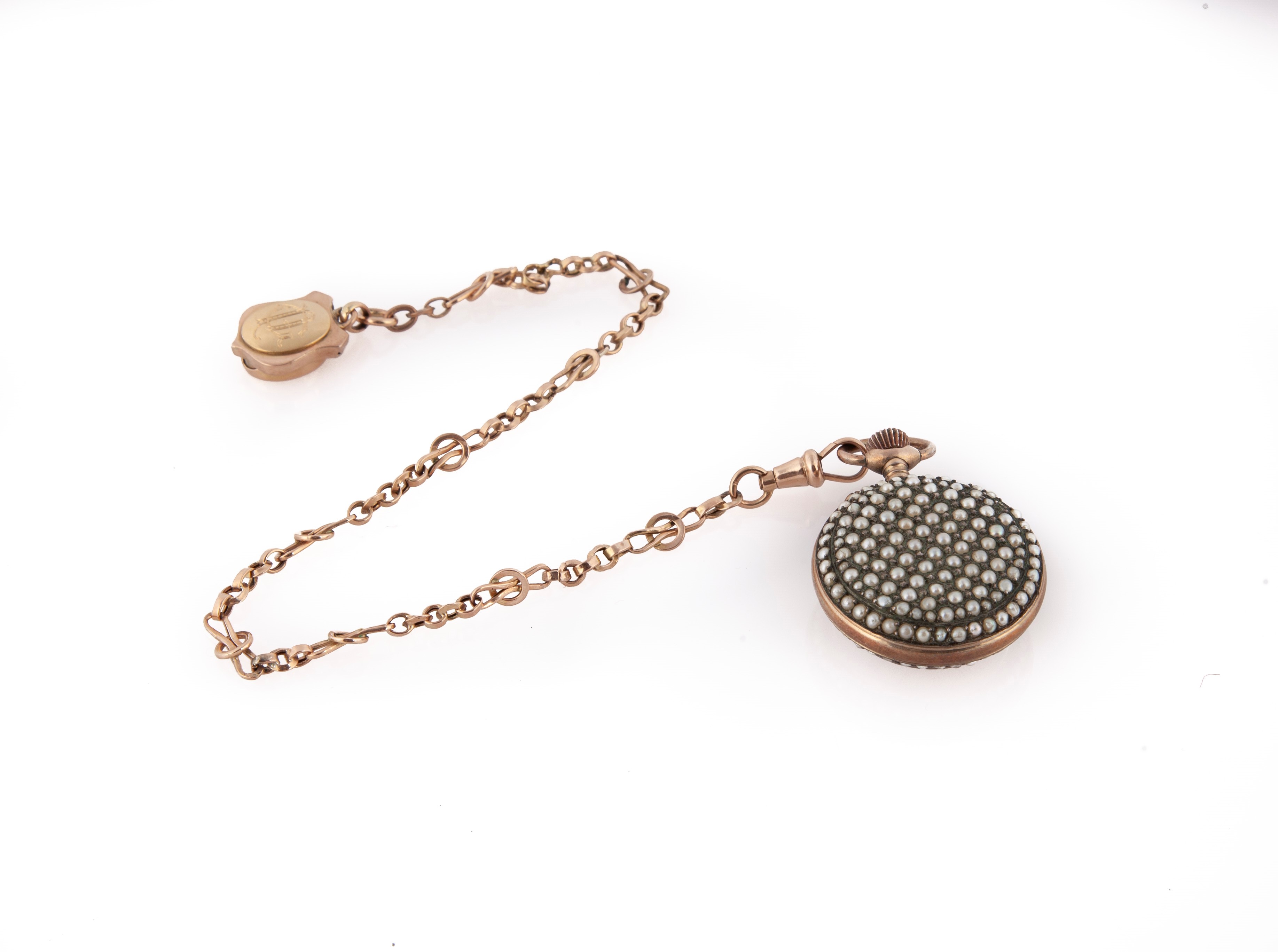 Anonimo Svizzero - Orologio da Tasca da Donna, Monachina in Argento 800/000 Dorato con Catena e C...