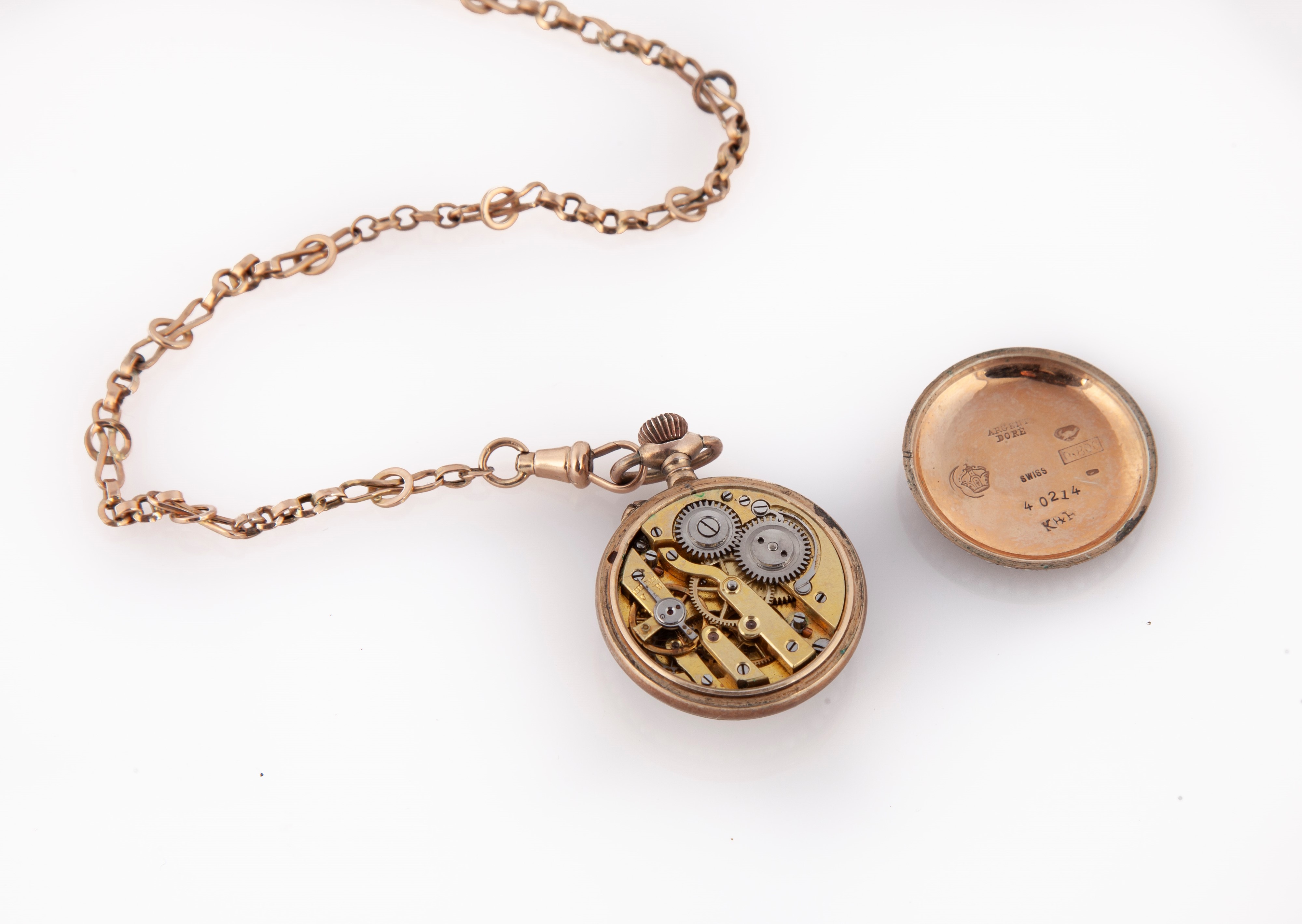 Anonimo Svizzero - Orologio da Tasca da Donna, Monachina in Argento 800/000 Dorato con Catena e C...