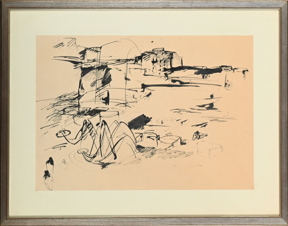Piero Guccione - Veduta di Paese con Barche