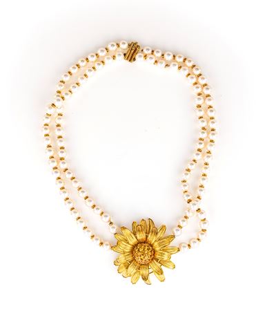 Collana di Perle a Due Fili con Centrale e Chiusura in Oro e Topazi