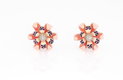 Orecchini a Fiore con Smalti, Brillanti e Zaffiri Rosa