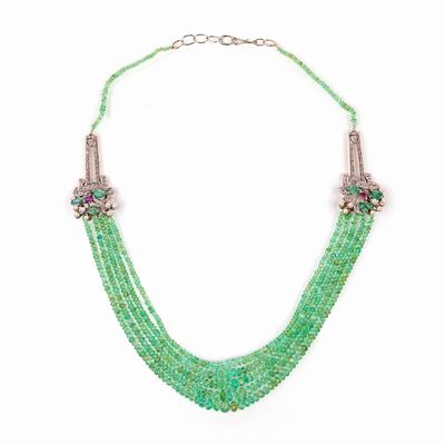 Collana in Oro, Argento, 5 Fili di Smeraldi, Diamanti e Tormaline