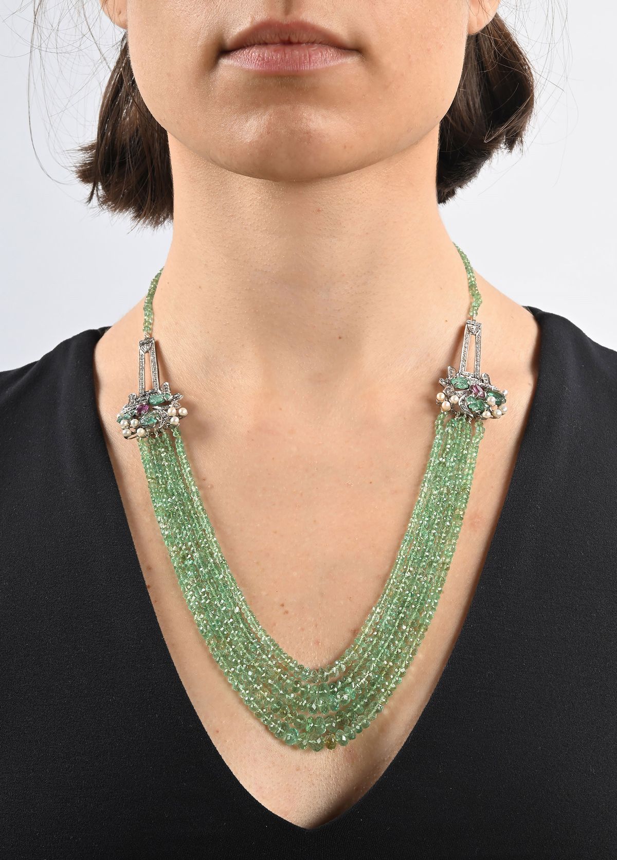 Collana in Oro, Argento, 5 Fili di Smeraldi, Diamanti e Tormaline
