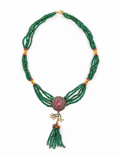 Collana Sautoir in Oro, Argento, Smeraldi Tormaline e Diamanti