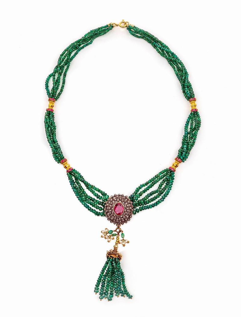 Collana Sautoir in Oro, Argento, Smeraldi Tormaline e Diamanti